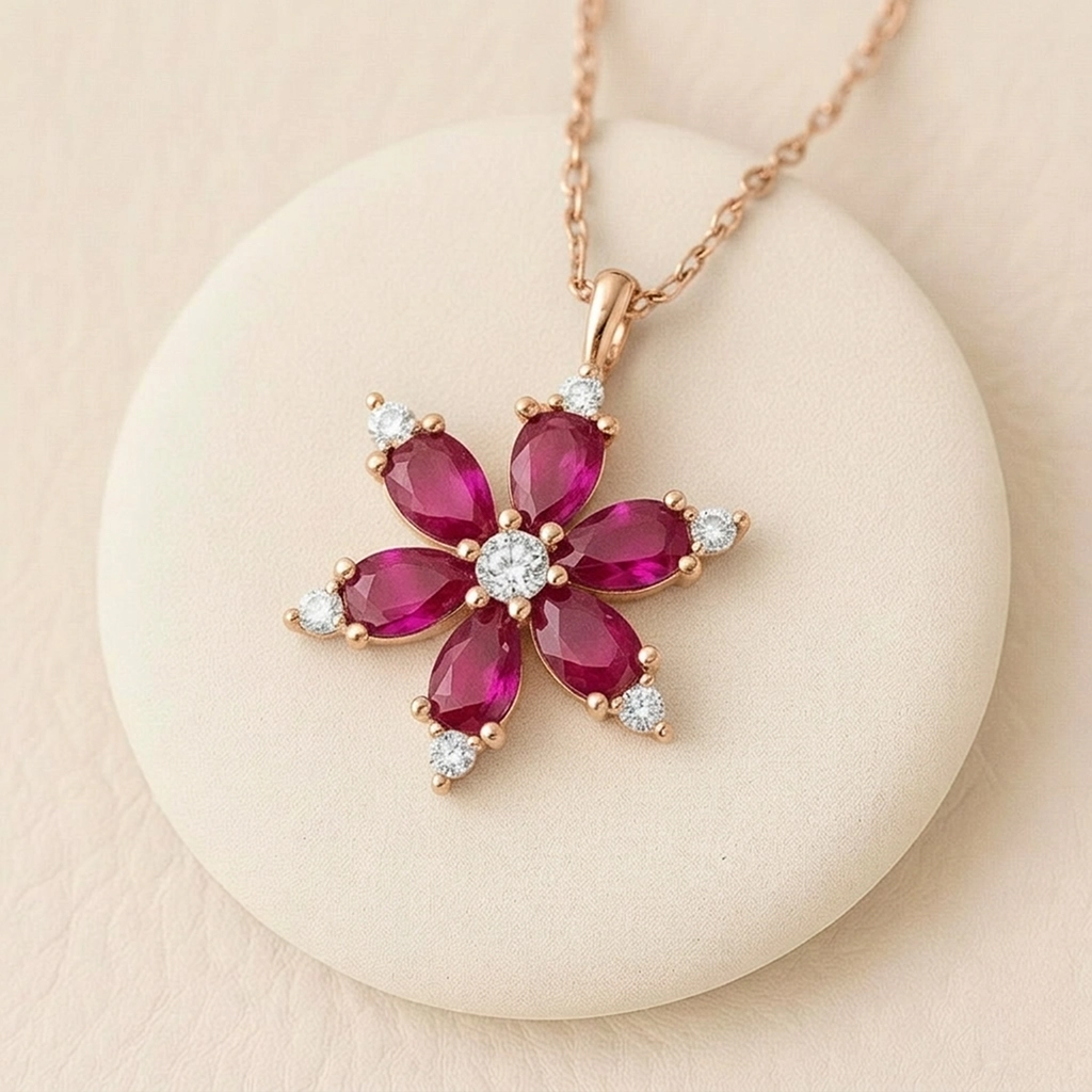 Ruby Flower Pendant with White sapphire